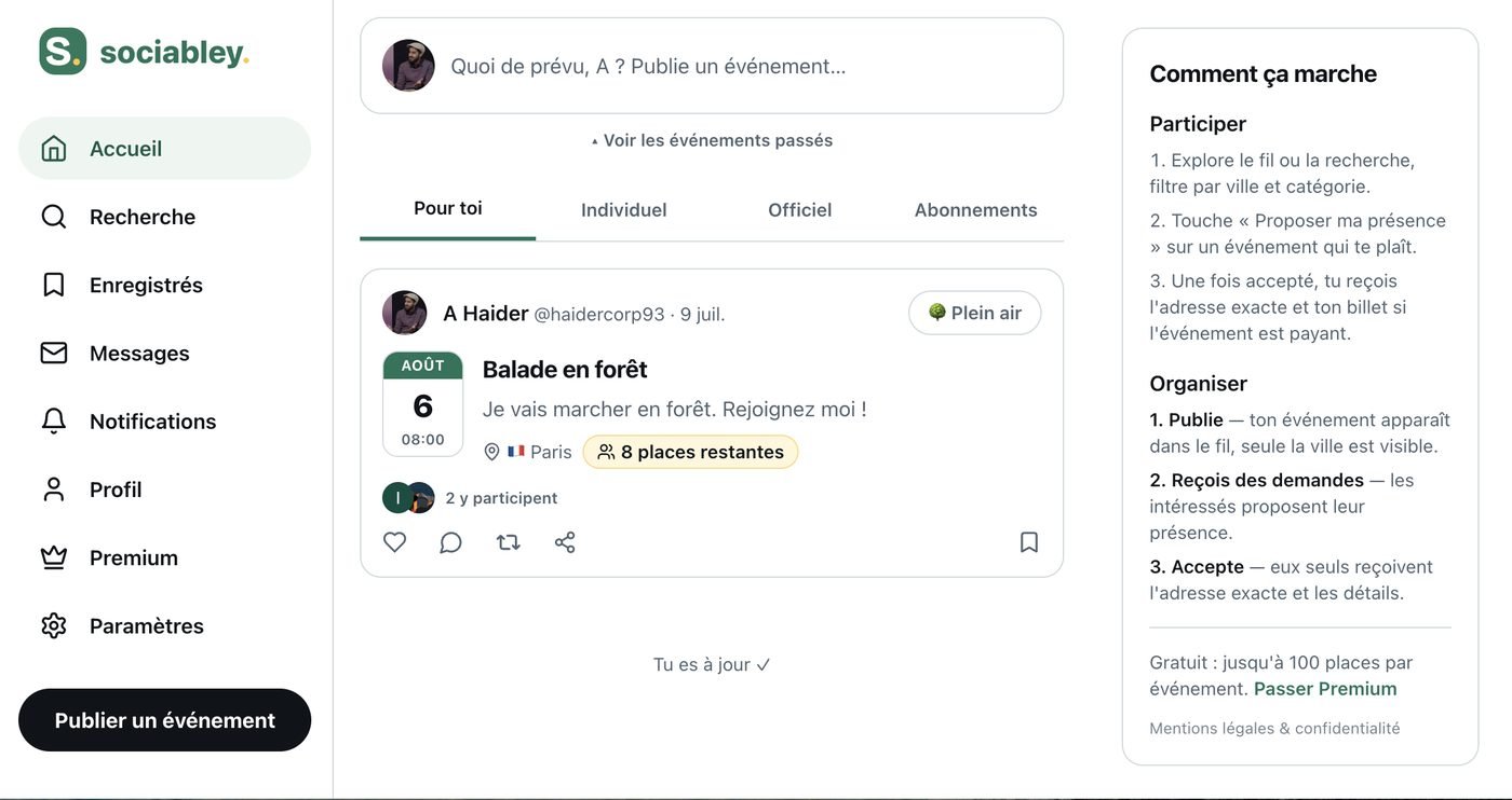 Application mobile Sociabley : liste d'événements
